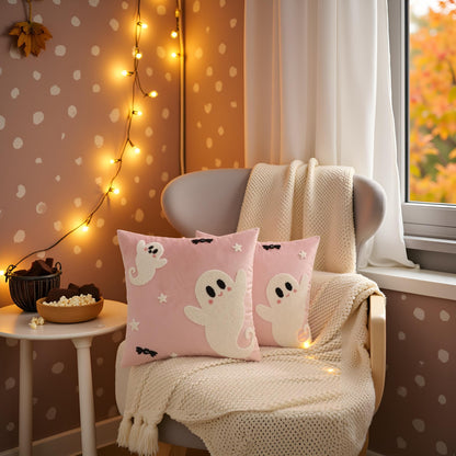 Tosleo Halloween Throw Pillow Covers 18x18 inch Set of 2 Halloween White Spooky Ghosts Embroidered Pillow Cases Thanksgiving Home Party Fall Decor Pillowcases Square Pink Velvet Cushion Covers