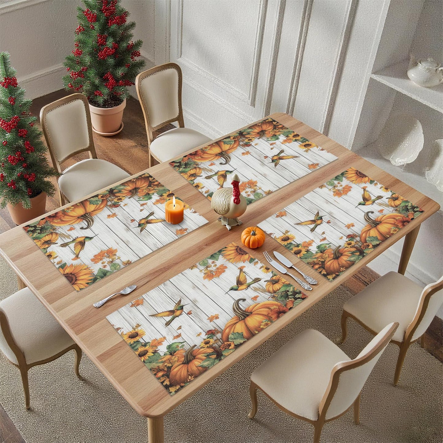 Thanksgiving Day Vinyl Placemats Set of 4 for Dining Tables,Fall Pumpkin Bird Sunflower on Wood Kitchen Table Mats Heat Resistant Washable Wipeable PVC Place Mat for Indoor Outdoor Seasonal Party