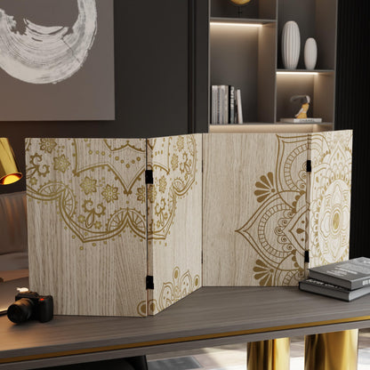 Red Lantern 2 ft. Short Double Sided Mandala on Oak Canvas Folding Screen 4 Panel Freestanding Partition and Separator for Modern and Contemporary Bedroom, Home Office, Studio, Dorm, Apartment