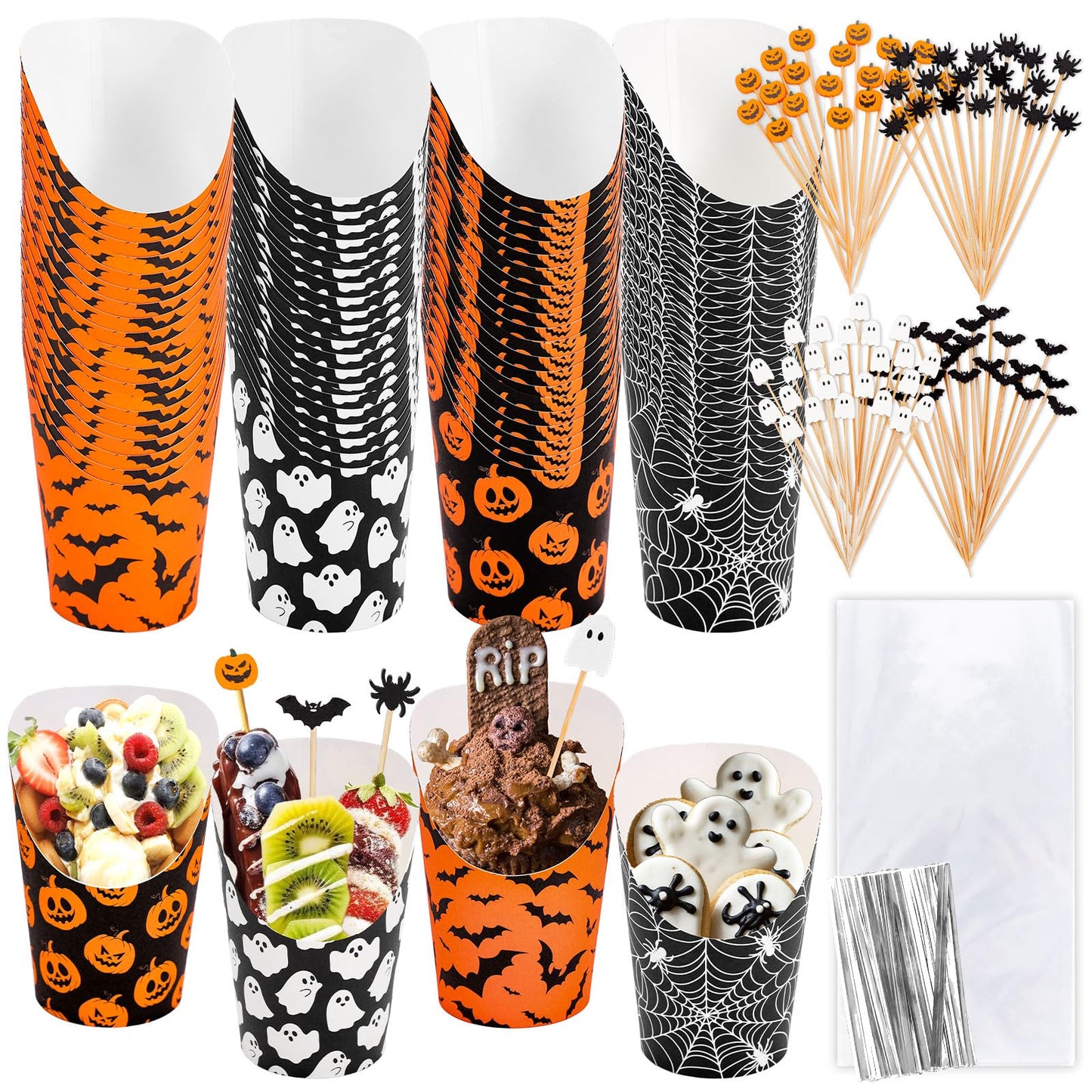 Whaline 100 Sets Halloween Charcuterie Cups with Sticks Bags Twist Ties 14Oz Black-Orange Ghost Pumpkin Bat Spider Web French Fry Holder for Trick or Treat Party Supplies