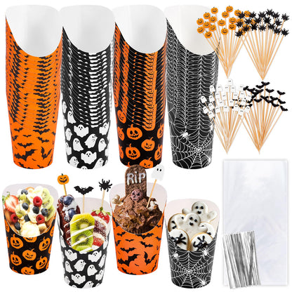 Whaline 100 Sets Halloween Charcuterie Cups with Sticks Bags Twist Ties 14Oz Black-Orange Ghost Pumpkin Bat Spider Web French Fry Holder for Trick or Treat Party Supplies