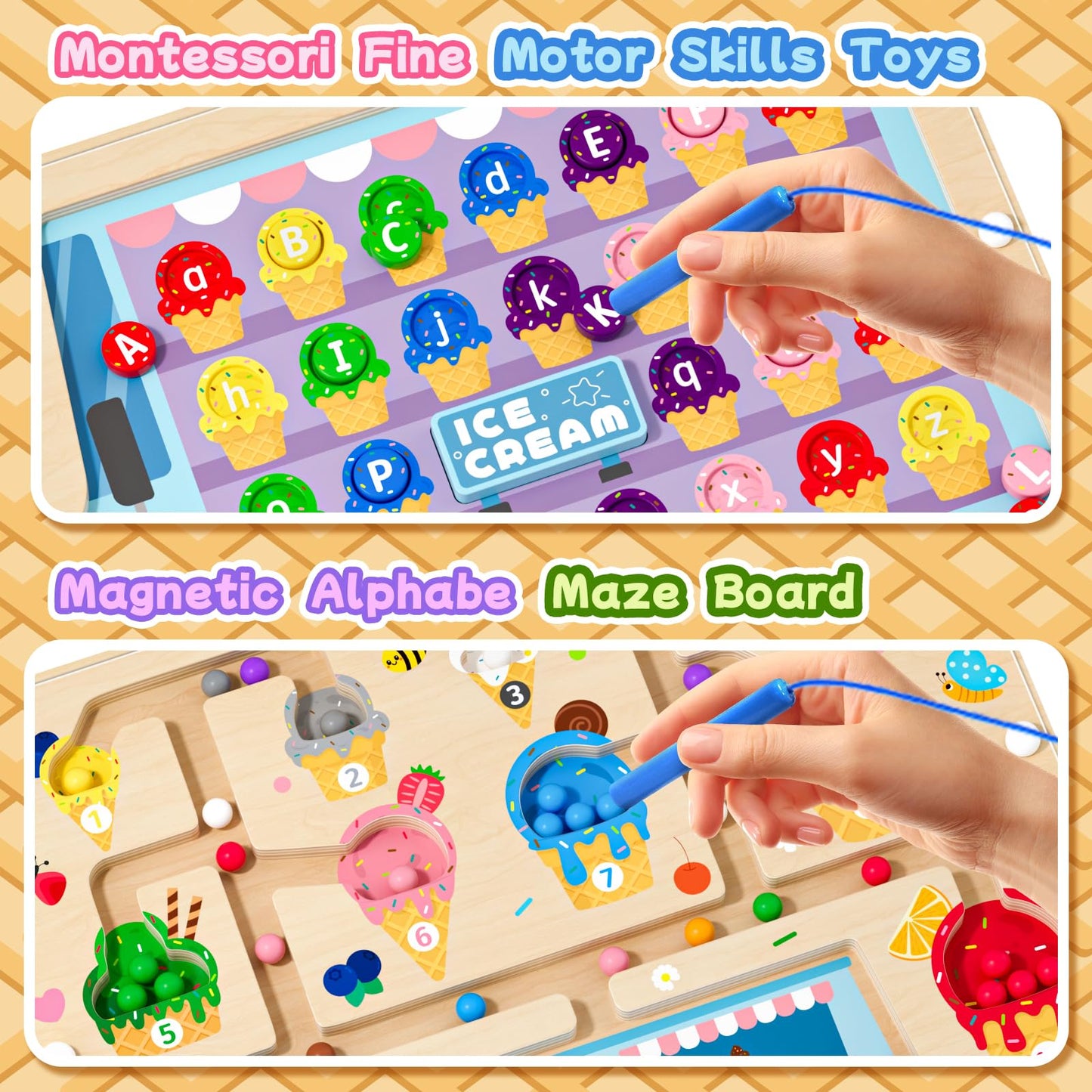 UMEREACT 2 in 1 Magnetic Color and Number Maze Double-Sided ABC Alphabet Puzzles Board Magnet Dinosaur Counting Maze Preschool Learning Montessori Education 3 4 5 Years Toys (Ice Cream, One Size)