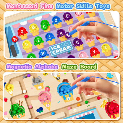 UMEREACT 2 in 1 Magnetic Color and Number Maze Double-Sided ABC Alphabet Puzzles Board Magnet Dinosaur Counting Maze Preschool Learning Montessori Education 3 4 5 Years Toys (Ice Cream, One Size)