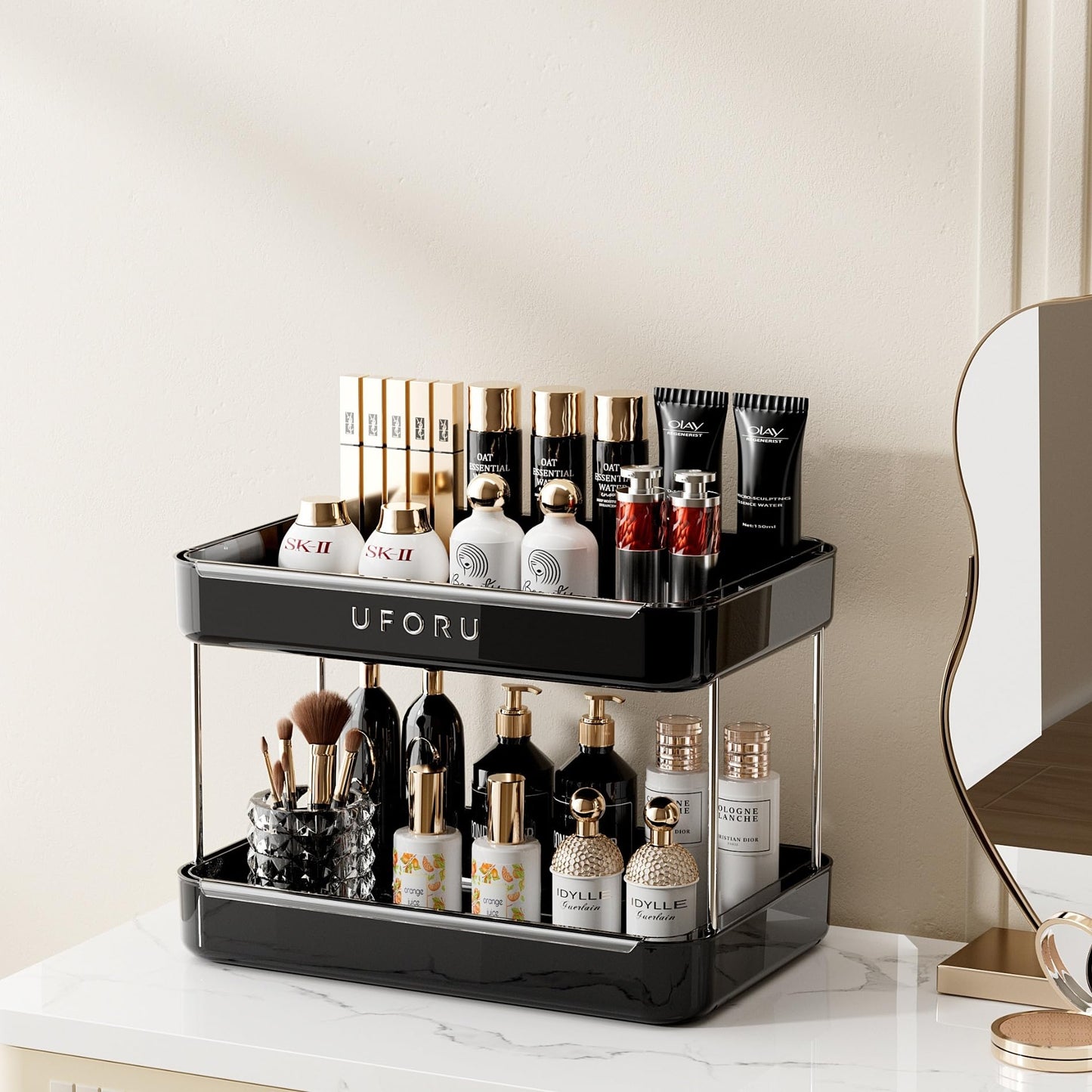 UFORU Countertop Coffee Station Organizer, 2 Tier Wine Glass Holder, Mug Display Shelf with Removable Drain Tray, Spice & condiment Rack for Kitchen, Bathroom Countertop Organizer, Black