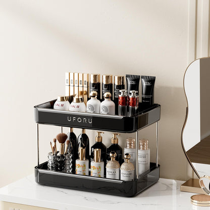 UFORU Countertop Coffee Station Organizer, 2 Tier Wine Glass Holder, Mug Display Shelf with Removable Drain Tray, Spice & condiment Rack for Kitchen, Bathroom Countertop Organizer, Black