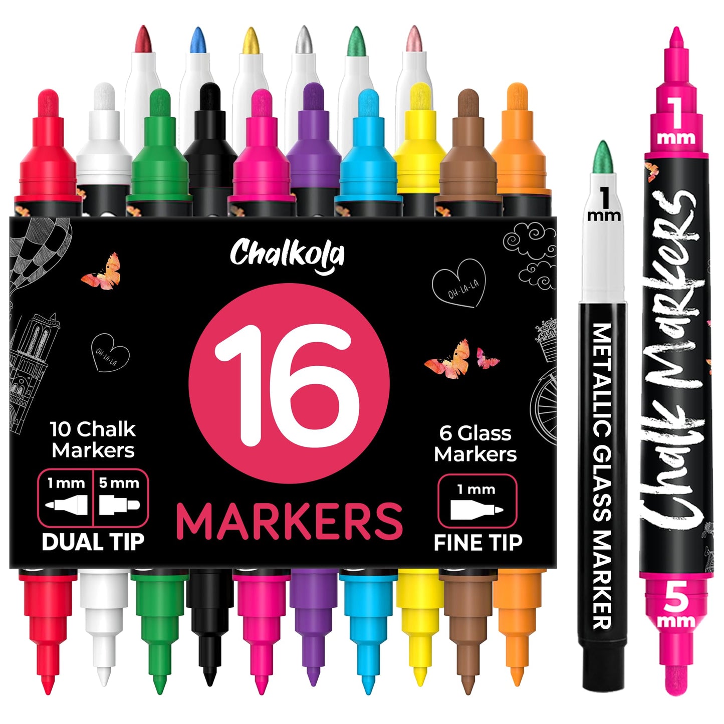 Chalkola Dual Tip Liquid Chalk Markers for Blackboard (16 Pack, 1mm+5mm Fine, Bold Tip) | Wet Erase, Chalk Pens for Chalkboard Signs, Car Windows, Glass, Calendar, Mirrors - Erasable Chalkboard Marker
