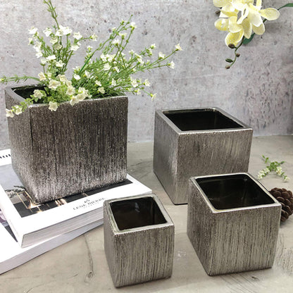 WGV Ceramic Cube Vase Width 3" Height 3" (Fits 2.5" Pot) Elegant Modern Small Square Floral Planter Terrarium Container Table Dresser for Event Accent Home Office Decor Silver Textured 1 Piece