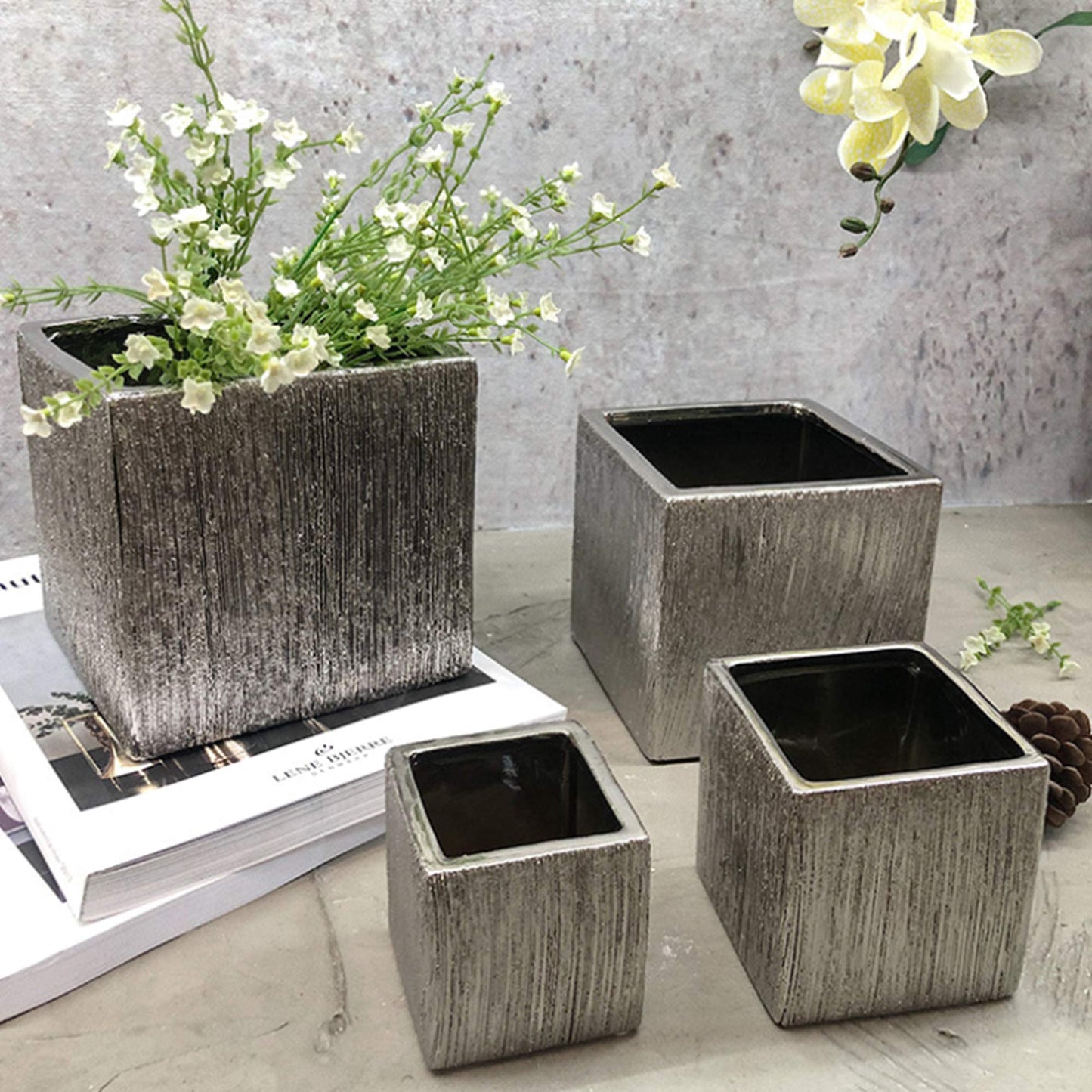 WGV Ceramic Cube Vase Width 5.5" Height 5" (Fits 5" Pot) Elegant Modern Block Square Floral Planter Terrarium Container Table Dresser for Event Accent Home Office Decor Silver Textured 1 Piece