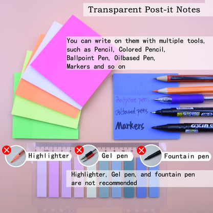 YOUDEFUL 800Pcs Transparent Sticky Notes, 3"x3" Clear Sticky Notes, Waterproof Translucent Sticky Note Pads for Books Annotation, Clear Post it Notes for Bible Study, School, Office