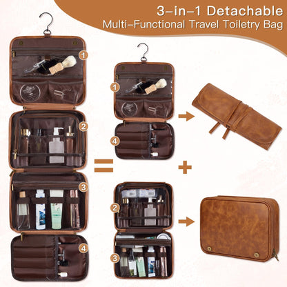Aganmi Personalized 3-in-1 Hanging Toiletry Bag Fathers Day Birthday Gifts for Men Dad Husband, Custom Initial Large Waterproof PU Leather Dopp Kit Shaving Bag Travel Essential for Him Light Brown J