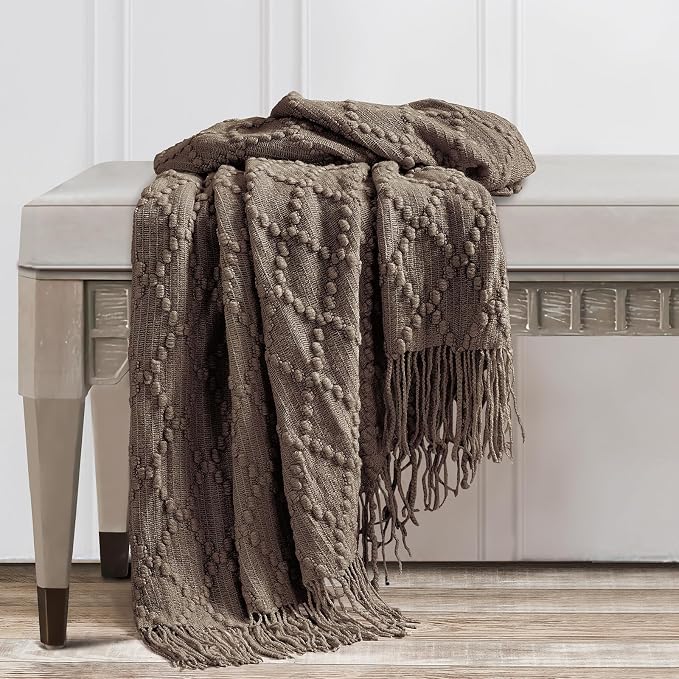 BOURINA Brown Throw Blanket 50 x70 Inches Jacquard Argyle Throw Textured Solid Soft Throws and Blankets for Sofa or Bed Knitted Decorative Blanket