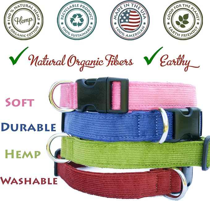 Hemp Corduroy Dog Collar Available in 9 Colors (Rust, Marigold, Bronze, Avocado, Blue, Plum, Pink, Red, Black) Sold in 6 Sizes (3/4" Small, Plum)
