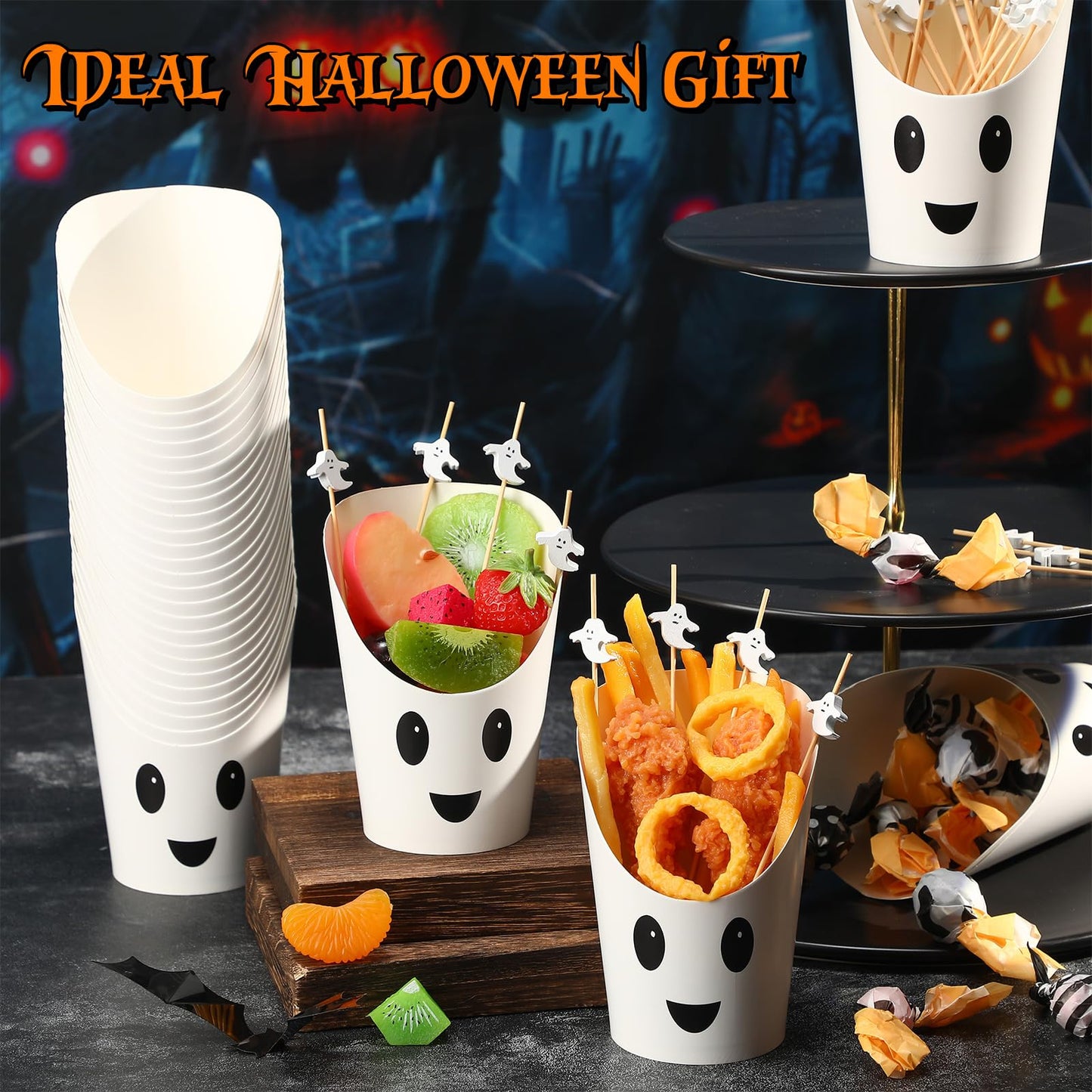 Chengu 260 Pcs Halloween Charcuterie Cups with Picks Sets 60 Pcs 14 oz French paper Appetizer Cups 200 Cocktail Pick Disposable Snack Fruit Stick for Halloween party Decor Supplies(Ghost Style)