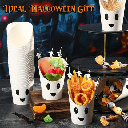 Chengu 260 Pcs Halloween Charcuterie Cups with Picks Sets 60 Pcs 14 oz French paper Appetizer Cups 200 Cocktail Pick Disposable Snack Fruit Stick for Halloween party Decor Supplies(Ghost Style)
