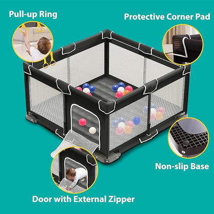 ICAREWAY Foldable Playpen for Babies and Toddlers, 50x50 Inches Portable Playpen, Kids Collapsible Play Pen with 2 Handlers, Indoor & Outdoor Baby Fence Play Area with Visible Mesh, Black