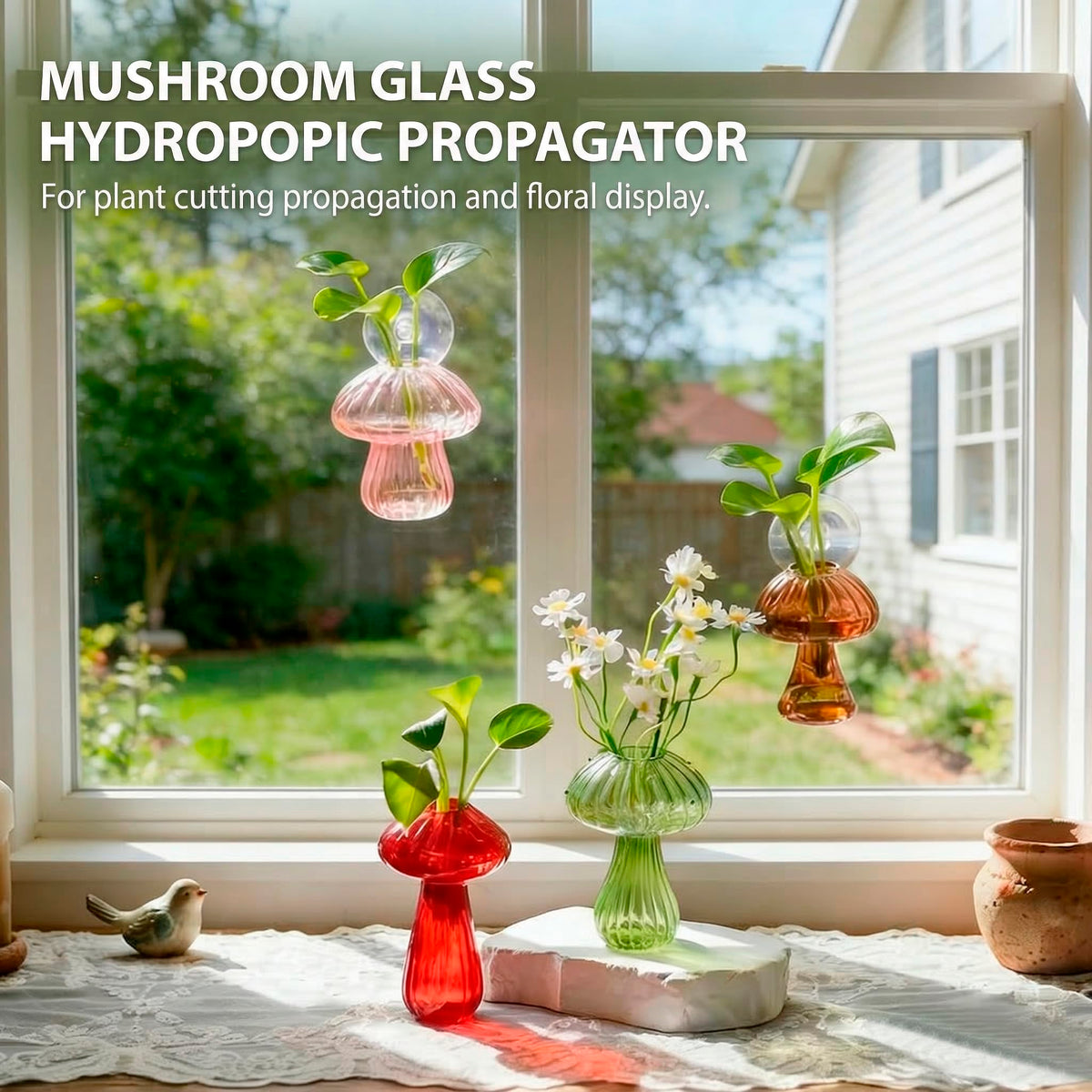 Window Propagation Stations, Propagation Vases, Colored Mushroom Glass Vases with Suction Cups, Nail-Free Easy-Install Wall-Mounted Planters, Plant Lover Gifts (4-Pack)