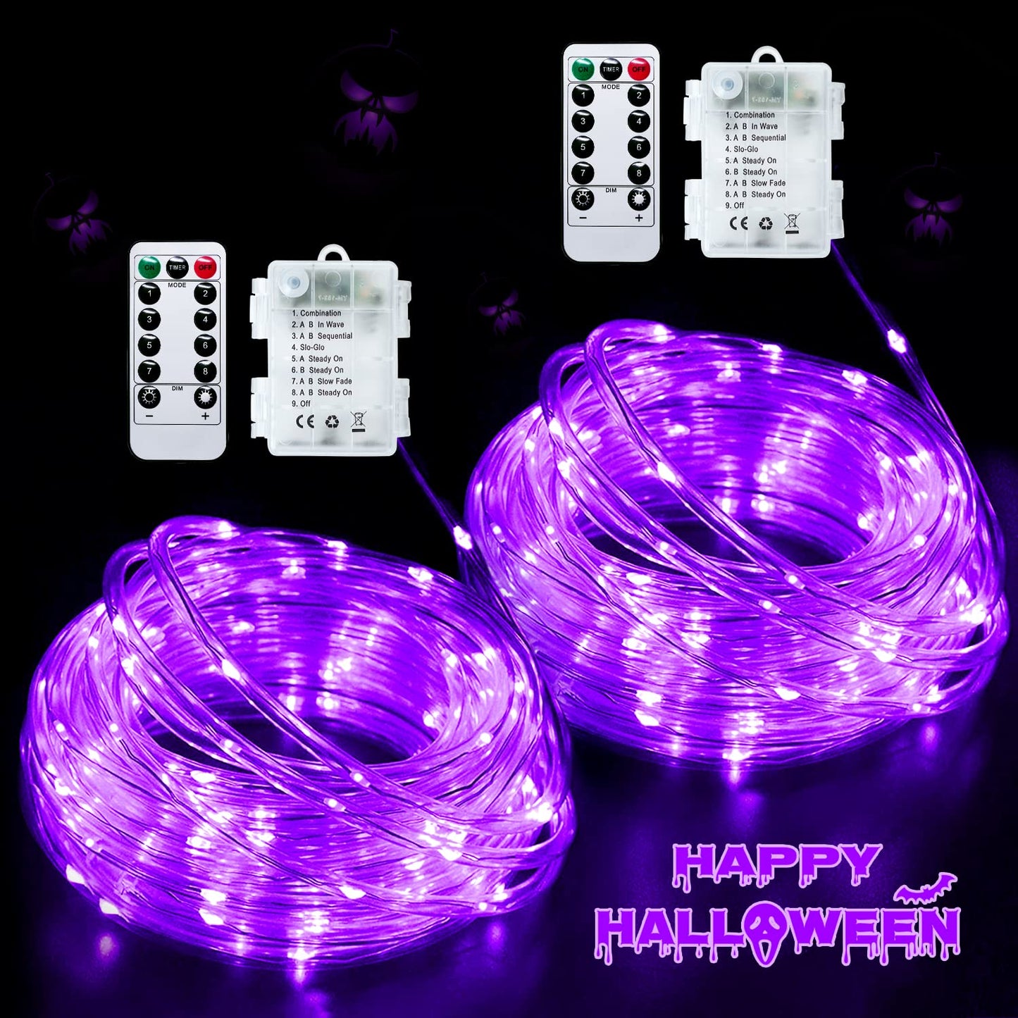 JMEXSUSS 2 Pack Purple Lights Battery Operated Halloween Lights Outdoor Waterproof, Each 33 ft 100 LED Battery Powered Rope Lights, Purple String Light with Remote for Balcony Garden Halloween Decor