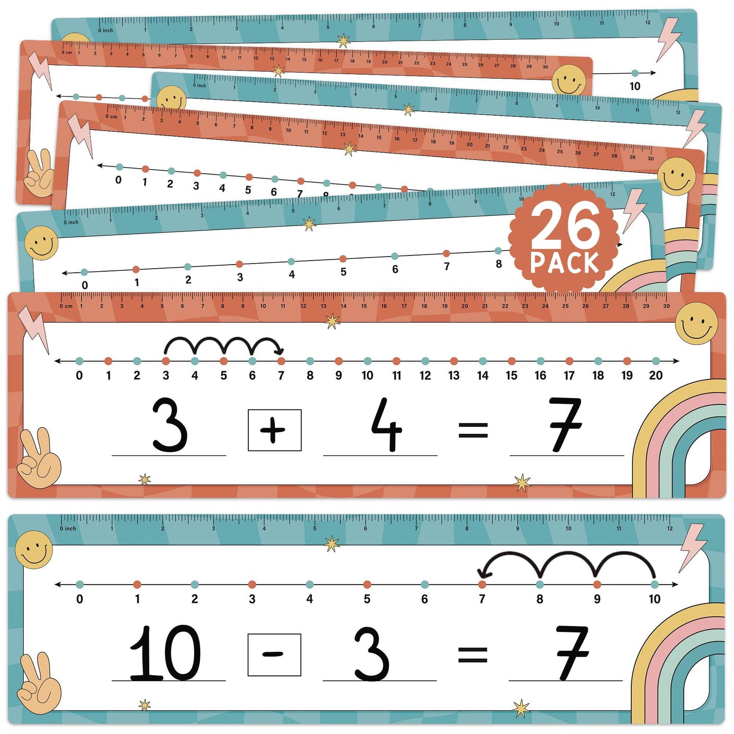 BrightenKidz 26 Pack Boho Groovy Number Line Dry Erase Boards Cards, 14"x4", Double-Sided, 0-10 on One Side & 0-20 on Other Side, Math Manipulatives for Student, Education Classroom Must Haves