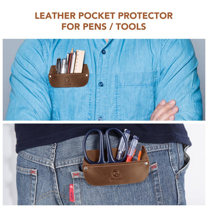 RingSun Genuine Leather Pocket Protector for Men, Handmade Durable Pocket Tool Pouch, Jeans Shirts Pocket Protector for Tools Pens, Update Brown