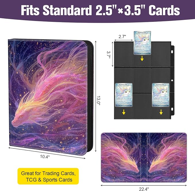 Trading Card Binder 900 Capacity, 50 Double-Sided 9-Pocket Top-Loading, 3-Ring TCG Album for 2.5 x 3.5 Cards, Acid Free PVC Free, Water-Resistant PU with Wrist Strap - Nebula Dragon Design
