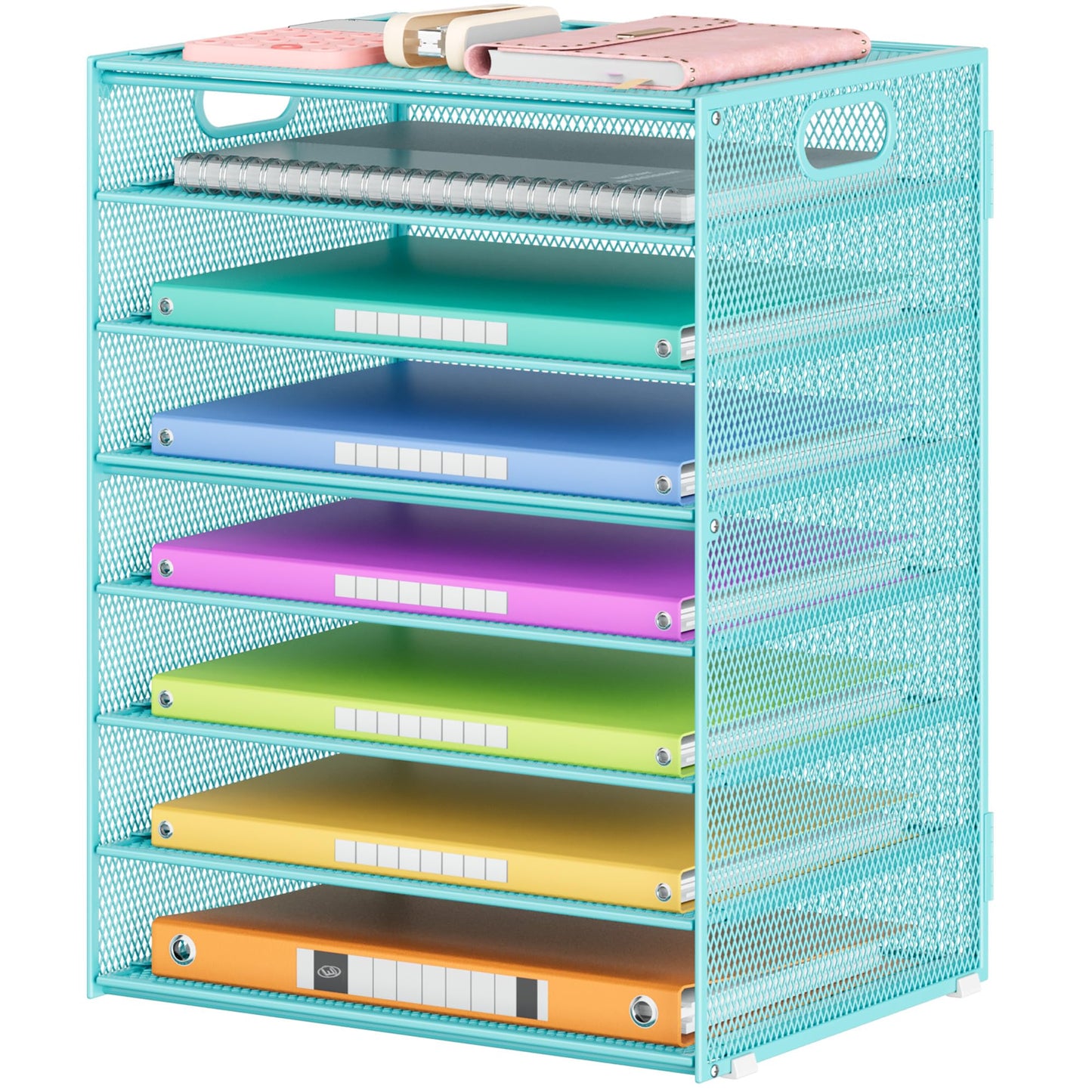 Lavatino 8-Tier Office Desk File Organizer, Letter Tray Paper Organizer with Handle, Including 5 Adjustable Slide Trays for Organizing Desktop Workspace Accessories and Supplies (Blue Metal Mesh)