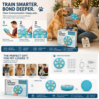 6-in-One Voice Recording Button, Dogs cat Talk& Speaking Buttons for Communication Pet Animal Training Buzzers, Classroom Fluent Answer 30 Second Record & Playback, Funny Gift for Study Office Home