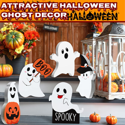 5 Pcs Halloween Ghost Table Decorations Cute Ghost Decor Indoor Wooden Witch Boo Centerpieces Spooky Tiered Tray Pumpkin Signs Fall Rustic Decor for Party Shelf Display(Cute Style)