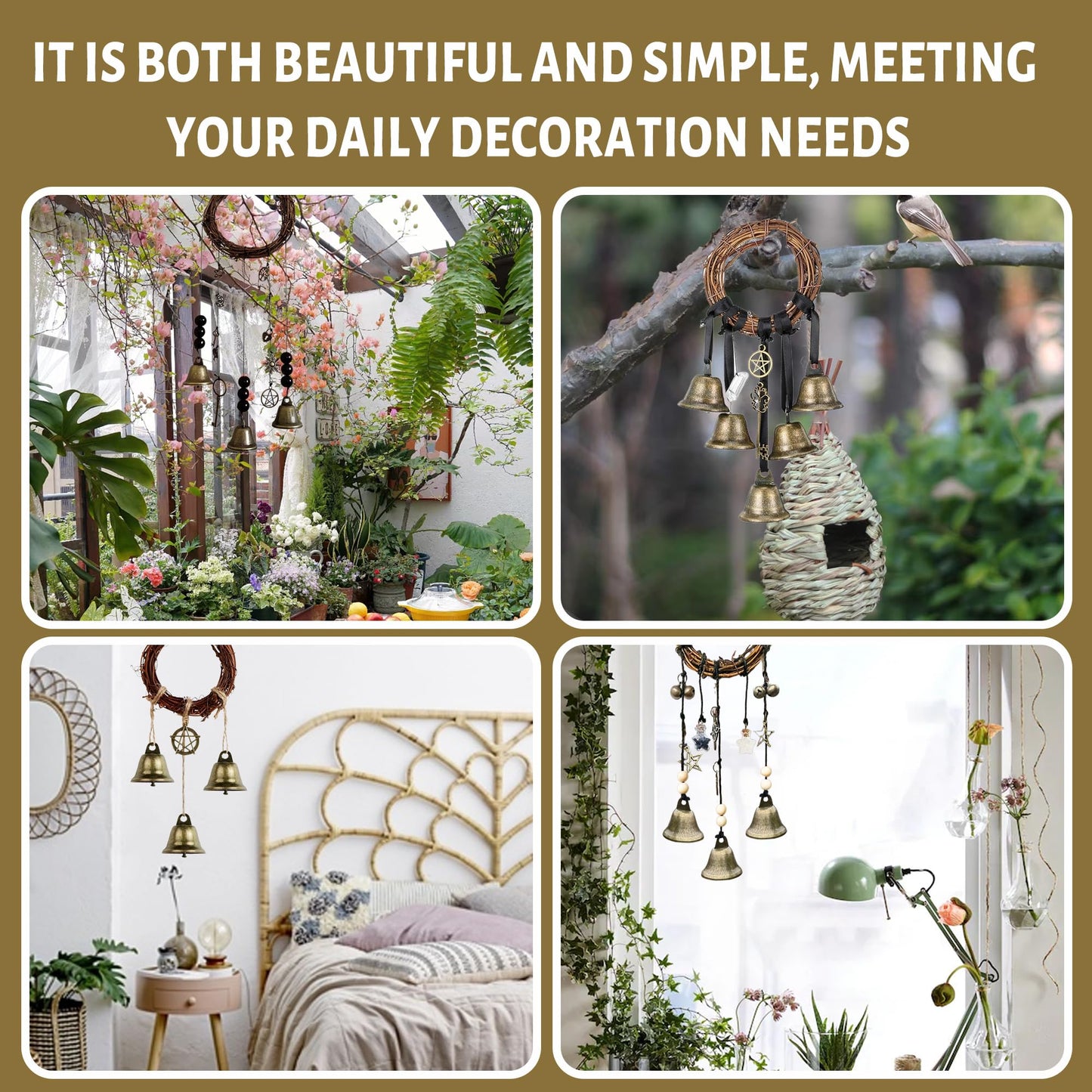 4 Pcs Witch Bells Protection Door Knob Hanger Witch Wind Chime, 3.1 Inch Wreath Handmade Door Hanger Bell for Clear Negative Energy Witchcraft,Home Door Doorknob Witchcraft Decor Supplies(Round Bell)