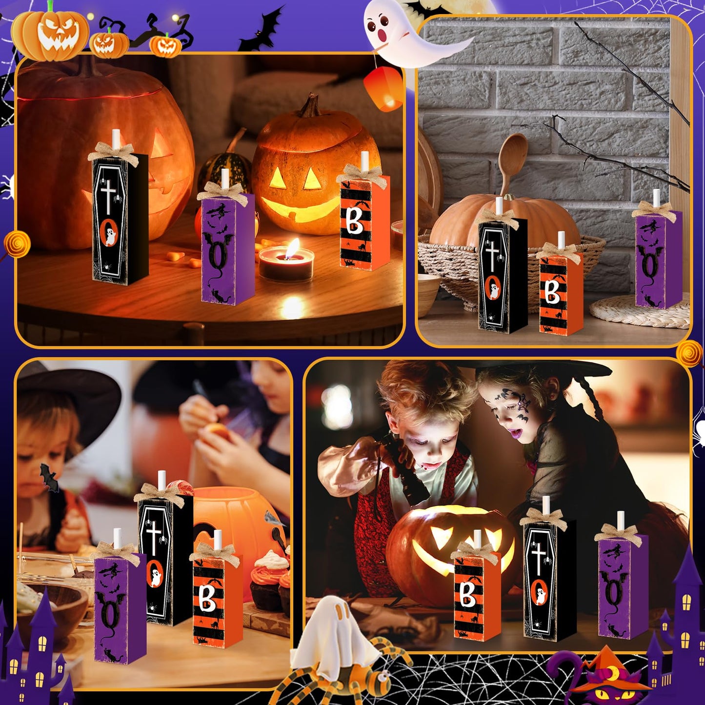 3 Pcs Boo Halloween Sign Wooden Tiered Tray Decor, Witch Black Cat Cross Coffin Table Decor 3D Carving Craft Halloween Decorations Party Tabletop Centerpieces for Home Kitchen Indoor Mantel