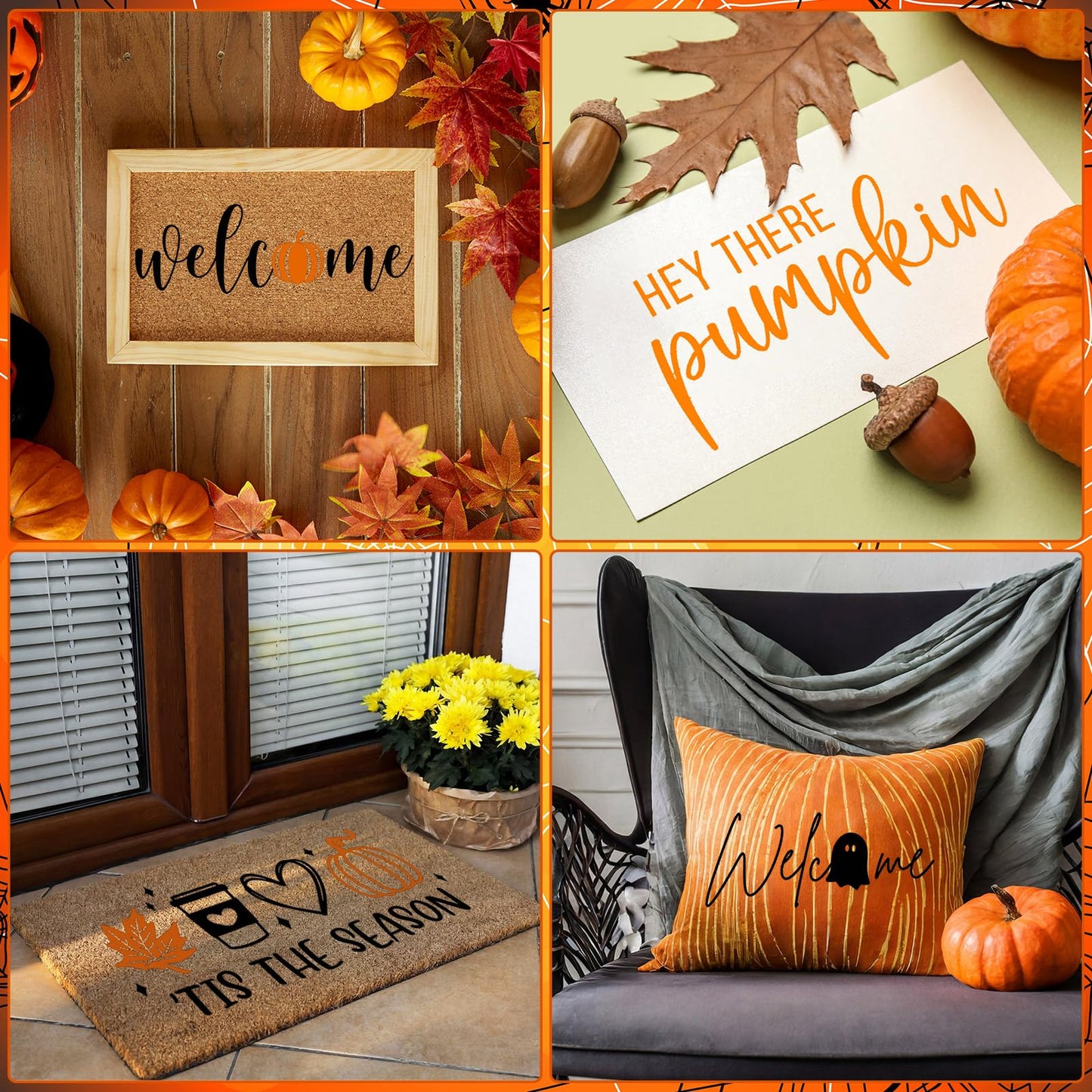 Yookeer 14 Pcs Fall Halloween Stencils for Door Mats, Reusable Pumpkin Ghost Welcome Templates for Autumn Halloween Painting on Doormat Wood Signs Wall Crafts DIY Project