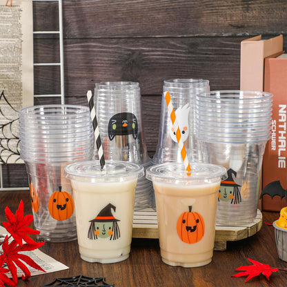 Whaline 48Pcs 12Oz Halloween Plastic Cups with Lids & Straws Ghost Pumpkin Black Cat Disposable Clear Drinking Cups for Holiday Birthday Party Supplies