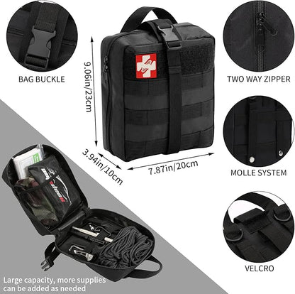 GPUSFAK Emergency Survival Kit and First Aid Kit, Camping First Aid Survival Kit with Molle Pouch for Preparedness Outdoor Adventure, Black