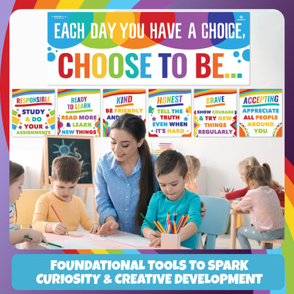 Sproutbrite 7 Educational Posters & Charts - 1 Big Banner 13.5" x 39" and 6 Smaller 12" x 13.5" - Kindness Posters – Motivational Chart and Wall Decor for Pre, Elementary and Middle School - Encourages Positive Choices and Character Development