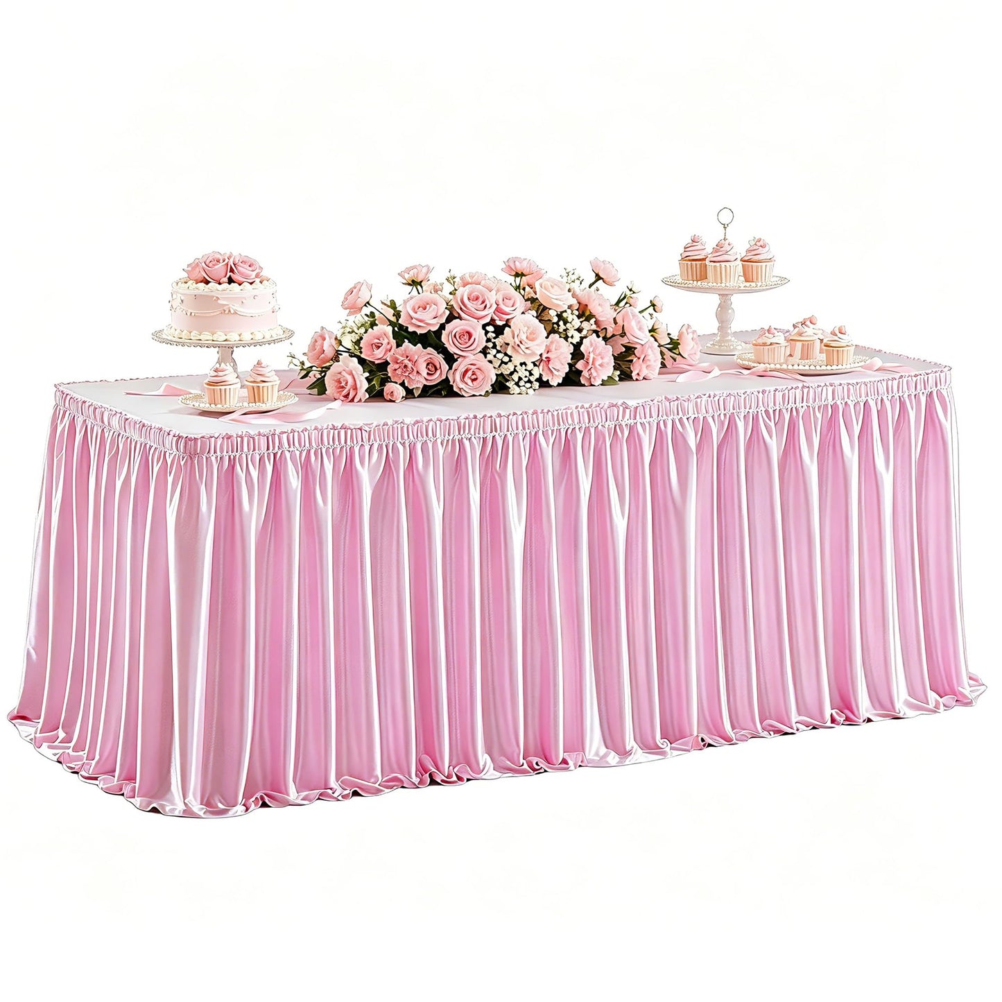 Wish Care 6ft Pink Satin Table Skirt for Rectangle Tables Wrinkle Free Glitter Desk Skirts Pleated Ruffle Table Cloth for Girls Birthday Baby Shower Theme Party Wedding Cake Table Skirting Decorations