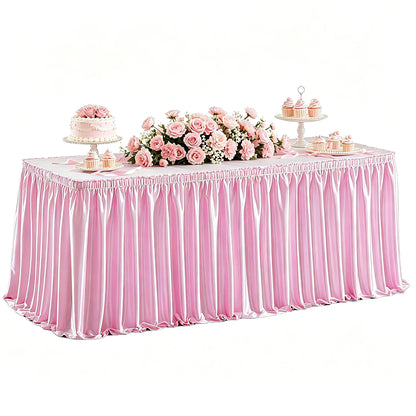 Wish Care 6ft Pink Satin Table Skirt for Rectangle Tables Wrinkle Free Glitter Desk Skirts Pleated Ruffle Table Cloth for Girls Birthday Baby Shower Theme Party Wedding Cake Table Skirting Decorations