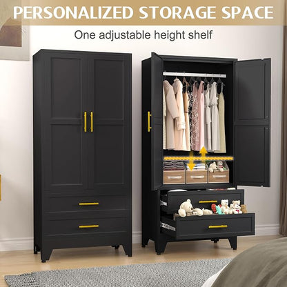 GAIOUS Metal Wardrobe Cabinet with 2 Drawers, 71" Clothing Storage Cabinets | with 2 Doors, 1 Adjustable Shelf, Steel Armoire Wardrobe Closet with Hanging Rod for Bedroom, Gym, Cloak Room (Black)