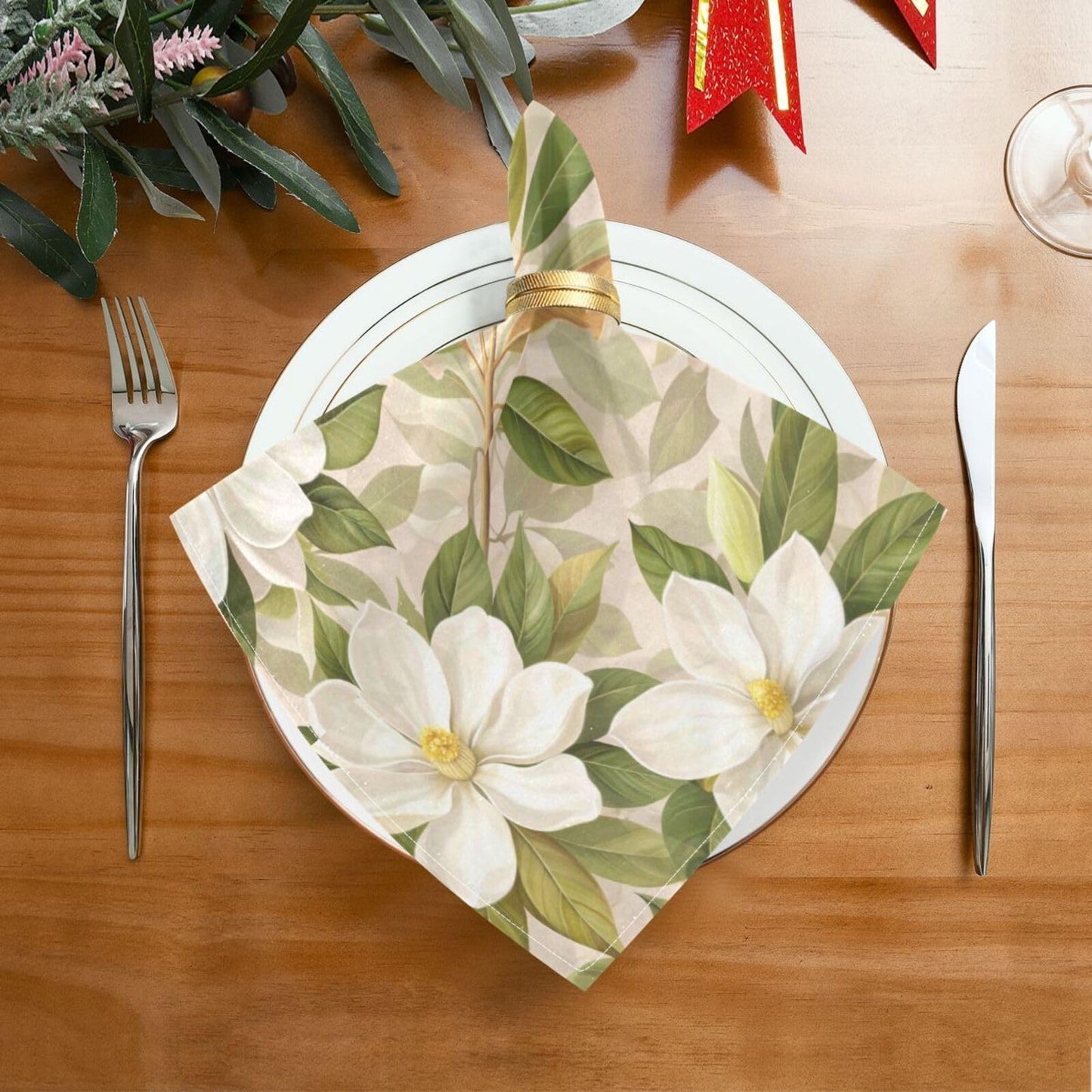 White Magnolia Flowers Cloth Napkins Dinner Napkin Set of 6 for Kitchen Parties Weddings Cocktail Christmas Halloween Thanksgiving Festivals