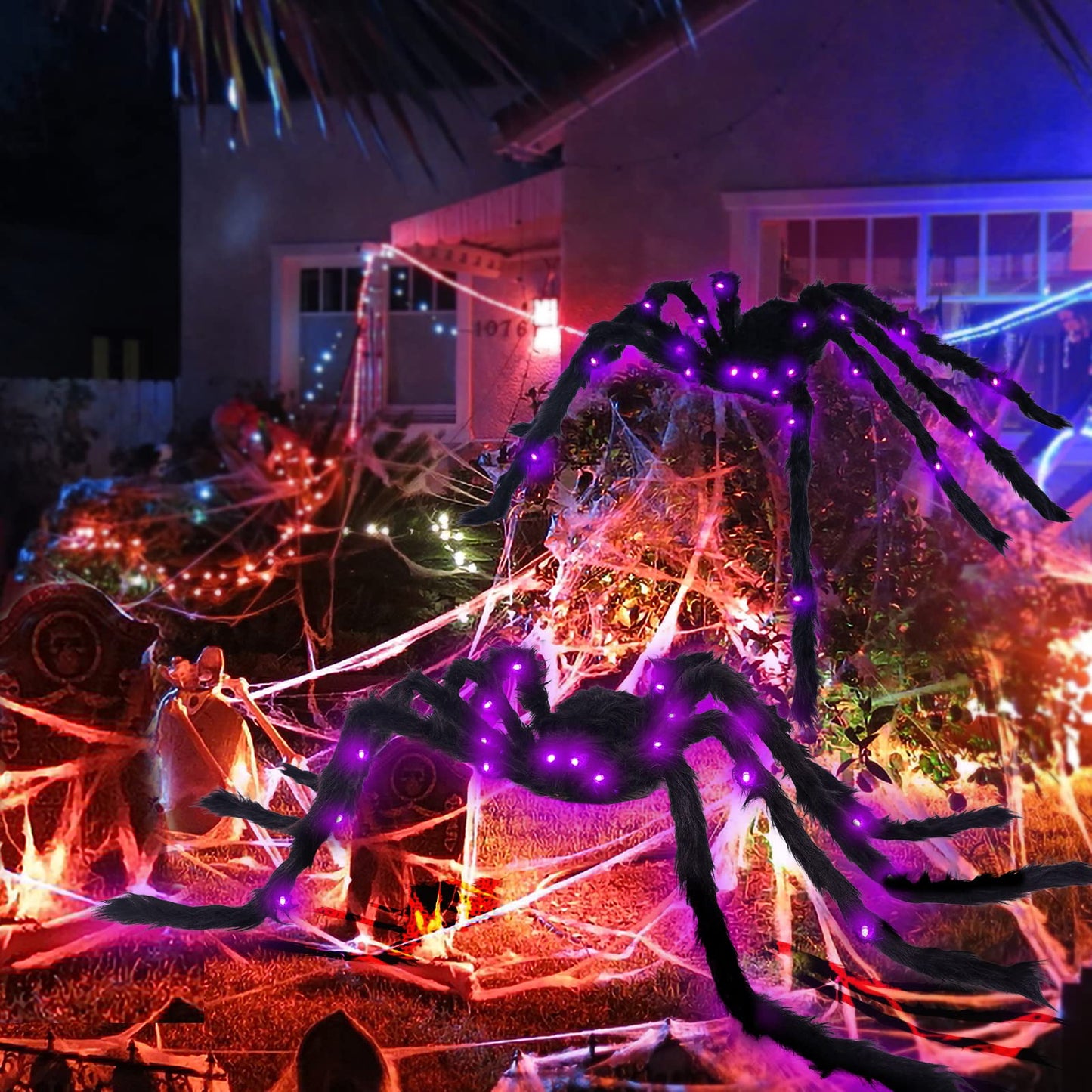 VOMAOK Halloween Spider Decorations 4ft Light Up Giant Spider(2 Pack) for Indoor Outdoor Halloween Decorations Yard Party House Décor