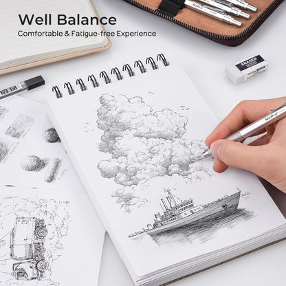 Nicpro 30PCS Silver Metal Mechanical Pencils Set in Leather Case, Art Drafting Pencil 0.5, 0.7, 0.9 mm, 2mm Lead Pencil Holder for Sketching Drawing With 16 Tube (6B 4B 2B HB 2H 4H Colors)Lead Refill