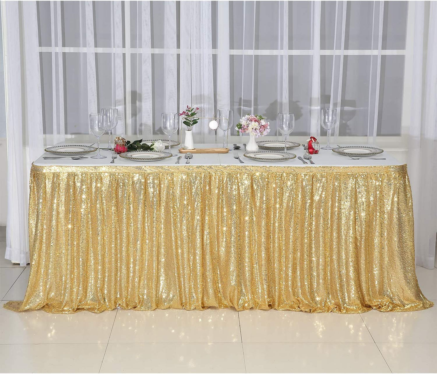 PartyDelight Sequin Table Skirt 9ft Gold for Round/Rectangle/SquareTables for Birthday Party Wedding Christmas