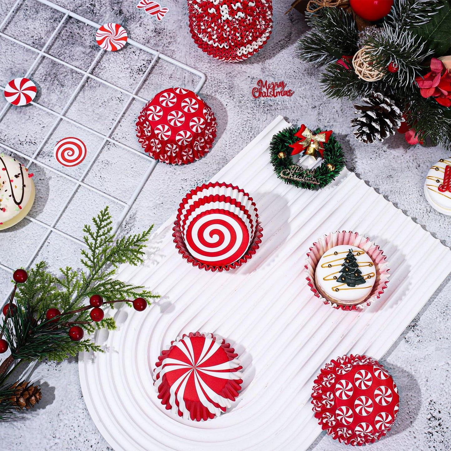 Whaline 600Pcs Christmas Candy Cupcake Liners Peppermint Baking Cups Holders Candy Cane Cupcake Wrappers Red White Candy Muffin Liners for Xmas Holiday Birthday Party Candy Make Baking Supplies