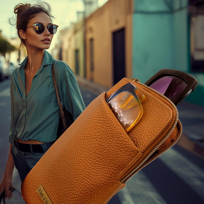 Double Eyeglass Case | Semi Soft Faux Leather Zipper Glasses Pouch - Chic Dual Durable Sunglass Case (IP128 Bronze)