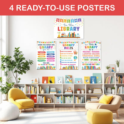 Lalunia 4 Pcs Library Rules Poster (11"x16") - Classroom Library Decorations for Librarian, Media Room, Back to School Educational Posters, Library Bulletin Board Sets, Reading Corner Decor