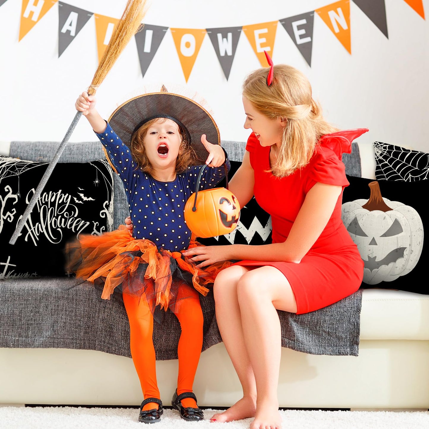 Whaline Happy Halloween Pillow Cover 20 x 20 Inch Pumpkin Spider Web Pillow Case Black Linen Throw Cushion Cover Cushion Cases for Home Office Halloween Sofa Bed Decoration, 4Pcs