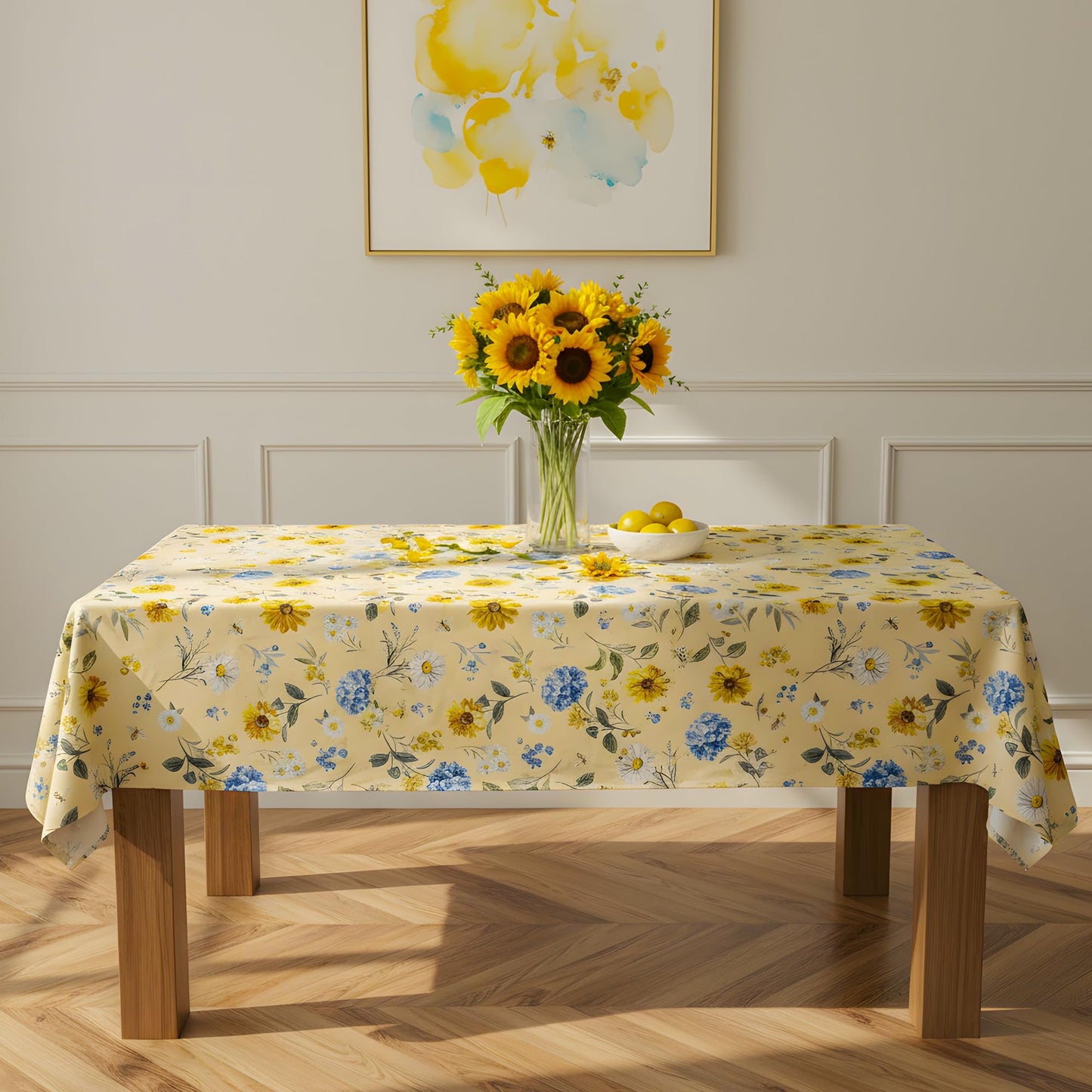 LOSIVISHE Spring Floral Tablecloth Waterproof Yellow Table Cover with Sunflowers, Hydrangeas & Daisies – Waterproof Fabric Table Cloth for Dining Room, Kitchen, Party & Outdoor Decor, W60 x L102 in