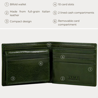 Time Resistance Leather Wallet – Italian Handmade Minimalist Design Wallet - Billfold Credit Card and Cash Holder (Green)
