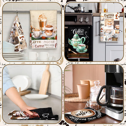 Ferraycle 6 Pcs Coffee Kitchen Towels, Absorbent Dish Towels 24 x 16 Inches, Dish Cloths, Kitchen Decorative Hand Cloths, Gifts for Cooking Baking Bathroom Bar Farmhouse(Black and Brown,Coffee Gnomes)