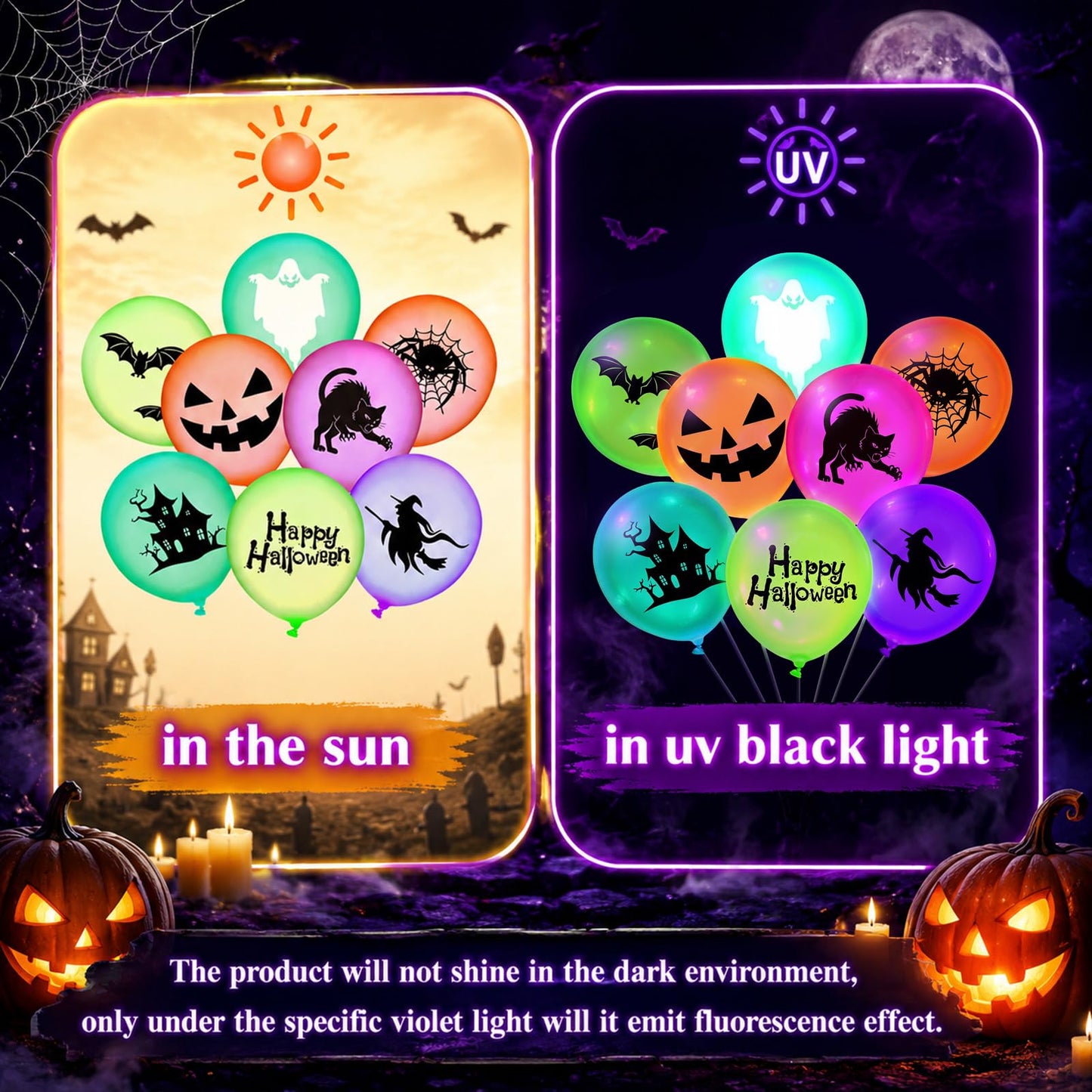 Junkin 80 Pcs Summer Halloween Neon Decoration Glow in The Dark UV Neon Balloons Blacklight Reactive Fluorescent Latex Balloon Pumpkin Ghost Witch Spider Halloween Glow Pool Birthday Party Supplies