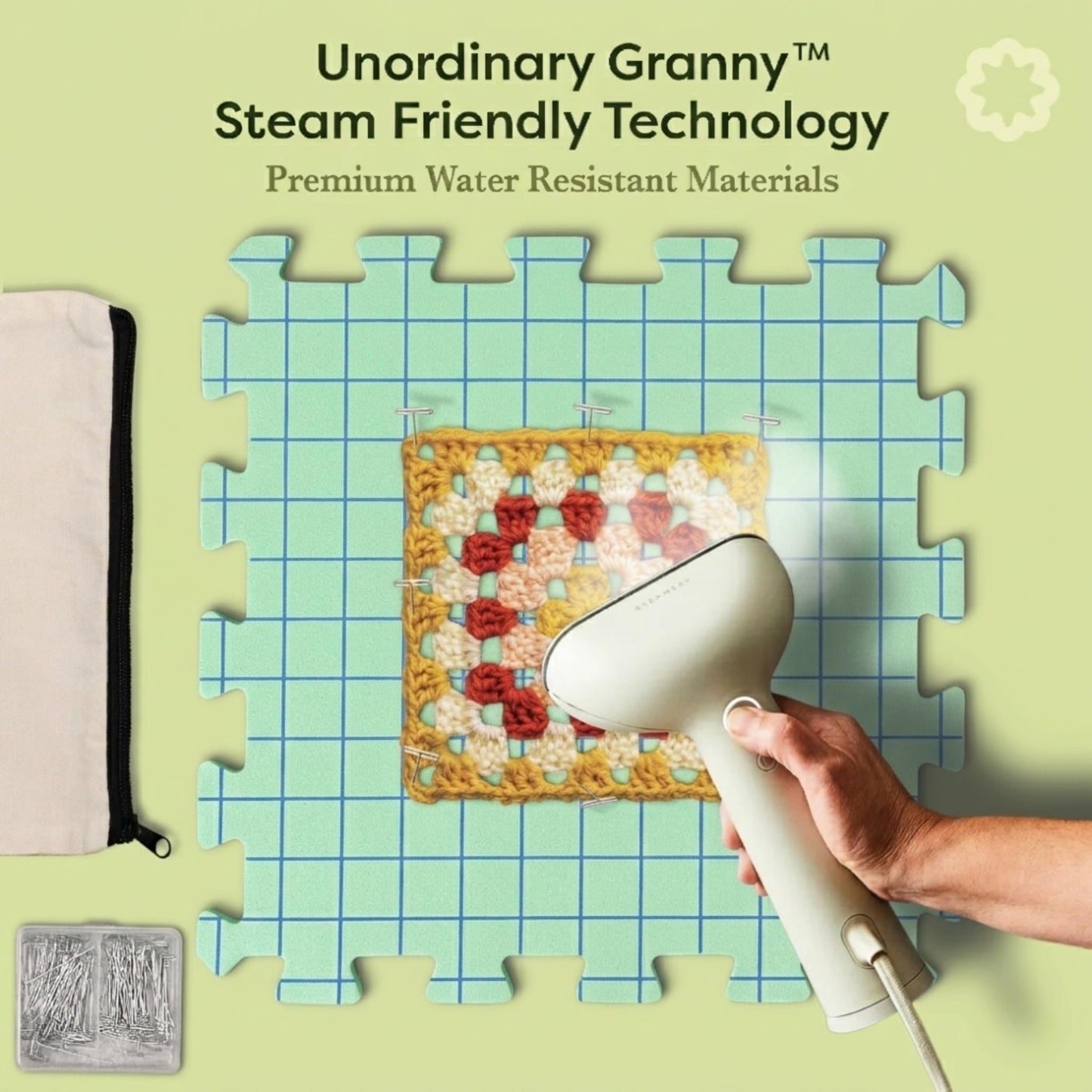 Unordinary Granny Crochet Blocking Board Set – 9 Extra Thick Interlocking Mats with Grid, 150 T-Pins, Felt Storage Bag and Cotton Pouch (Sage Green)