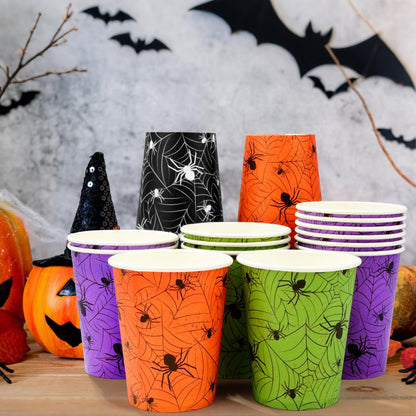 TREWAVE 48Pcs Halloween Paper Cups - 9oz Disposable Party Cups for Hot/Cold Drinks, Snacks - Spider Web Pattern Design in Orange, Purple, Black, Green - Festival Party Supplies